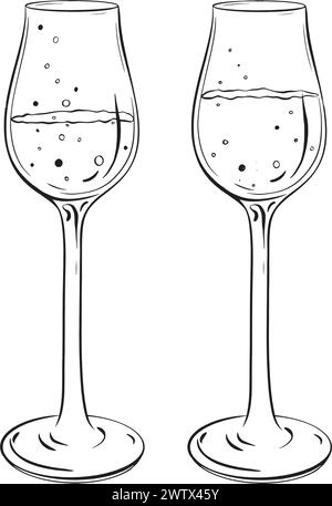 Zwei Weingläser mit Blasen auf weißem Hintergrund Stock Vektor