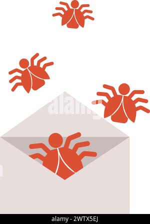 Wanzen in weißem Umschlag. Betrügerbuchstabe. Gefährliche Post Stock Vektor