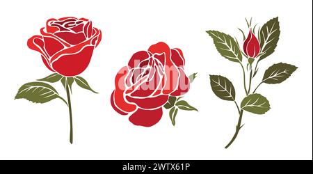 Set aus dekorativen, frisch blühenden roten Rosenblüten Stock Vektor