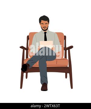 Geschäftsmann sitzt im Sessel mit Tablet. Stock Vektor
