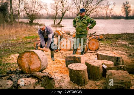 Holzfäller mit Beile schneiden, hacken, frisch geschnittenen Baumstumpf auf dem Waldboden, Holzstruktur, Holz, Hartholz, Brennholz in der Nähe des Flusses. Stockfoto