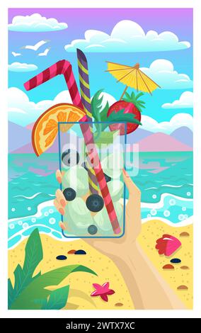 Vektor-Karikaturillustration mit einer Hand der Frau, die ein Glas Obst-Cocktail-Getränk gegen Strand und Meereslandschaft hält. Sommer-Hintergrund, flaches Design Stock Vektor