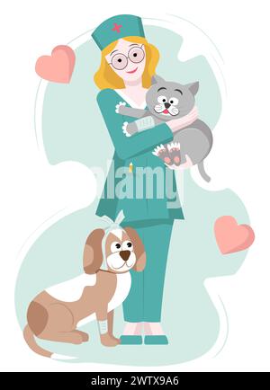 Tierärztin mit Katze und Hund. Tierklinik, Gesundheitsdienst, medizinisches Zentrum für Domectis Tiere, Haustierpflege und Gesundheitskonzept für Stock Vektor