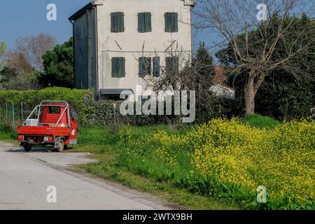 Die Insel Sant'Erasmo ist berühmt für den Anbau der San Erasmo Violet Artischocke. Fast alle Einwohner fahren mit dem Piaggio Ape Auto. Stockfoto