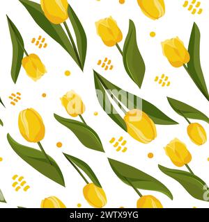 Nahtloses Vektormuster mit gelben Tulpen auf weißem Hintergrund. Flaches Design mit Blumen zum Scrapbooking, Kinderkleidung, Kleid, Stoff und Textil Stock Vektor