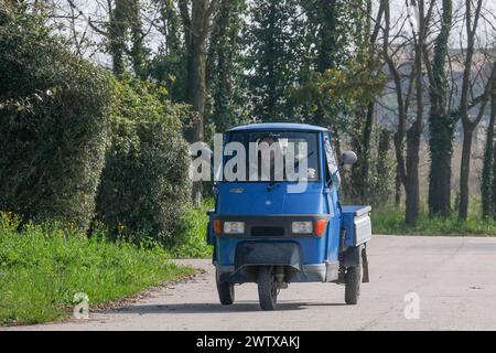 Die Insel Sant'Erasmo ist berühmt für den Anbau der San Erasmo Violet Artischocke. Fast alle Einwohner fahren mit dem Piaggio Ape Auto. Stockfoto