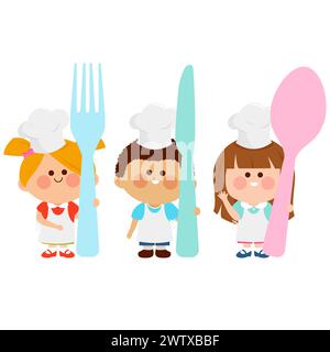 Kinderköche halten eine Gabel, ein Messer und einen Löffel. Kindermahlzeit. Kochen Kinder in der Küche mit Geschirr Besteck. Stockfoto