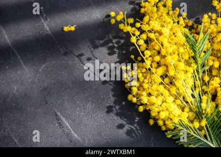 Blick von oben auf einen Haufen frisch gepflückter gelber Mimosa-Stiele auf einem Tisch Stockfoto