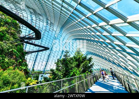 SINGAPUR - OKTOBER 3,2018: Touristen laufen im Cloud Forest Dome im Garden by the Bay, dem beliebten Reiseziel in Singapur. Stockfoto