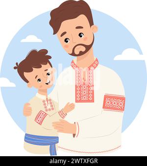 Glücklicher ukrainischer bärtiger Mann, Vater mit Sohn in traditioneller Kleidung, gestickt Vyshyvanka. Festliche Nationalcharakterfamilie. Vektorabbildung für DE Stock Vektor