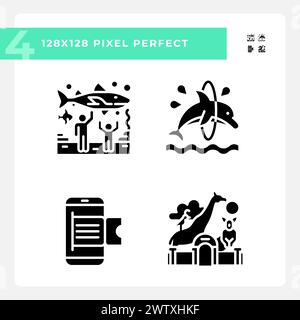 Zoo zeigt Pixel perfekte schwarze Glyphen-Symbole auf weißem Raum Stock Vektor