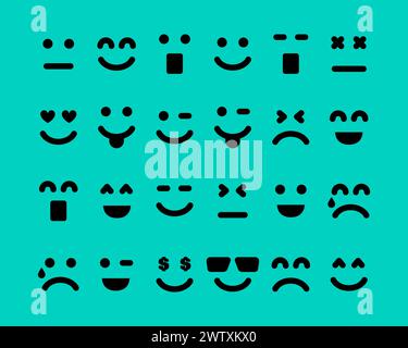 Comic-Gesichter mit Emotionen. Set aus 24 verschiedenen Emoticons. Vektorabbildung Stock Vektor