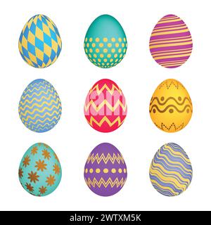 Set aus neun Ostereiern mit unterschiedlicher bunter Textur auf weißem Hintergrund. Vektorabbildung Stock Vektor