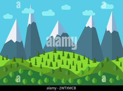 Vektor Panorama Berg Cartoon Landschaft. Natürliche Landschaft im flachen Stil mit blauem Himmel, Wolken, Bäumen, Hügeln und Bergen mit Schnee auf dem pe Stock Vektor