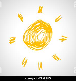 Handgezeichnete Sonne. Einfache Skizzensonne. Sonnensymbol. Gelbes Doodle isoliert auf weißem Hintergrund. Vektorabbildung. Stock Vektor