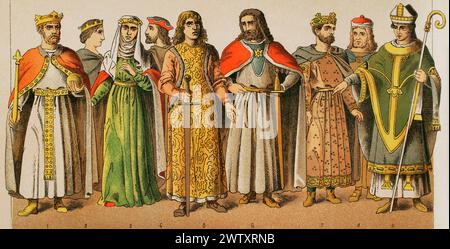 Heiliges Römisches Reich, 1000-1100. Von links nach rechts, 1: Kaiser Friedrich Barbarossa (1122–1190), 2: prinzessin, 3: Frau Heinrich des Löwen, 4-5-6: Adlige, 7: könig, 8: Adlige, 9: bischof. Chromolithographie. "Historia Universal", von César Cantú. Volumen V, 1884. Stockfoto