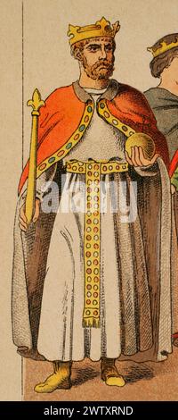 Friedrich Barbarossa (1122-1190). Römischer Kaiser (1155-1190). Chromolithographie. "Historia Universal", von César Cantú. Volumen V, 1884. Stockfoto