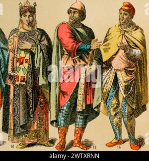 Byzantiner, 1000-1200. Von links nach rechts: 12: Damenkleid mit Stola, Tunika und Mantel, 13-14: Herrenkleid. Phrygienkappe. Chromolithographie. "Historia Universal", von César Cantú. Volumen V, 1884. Stockfoto