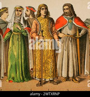 Heiliges Römisches Reich, 1000-1100. Von links nach rechts, 2: prinzessin, 3: Die Frau Heinrich des Löwen, 4-5-6: Adlige. Chromolithographie. "Historia Universal", von César Cantú. Volumen V, 1884. Stockfoto