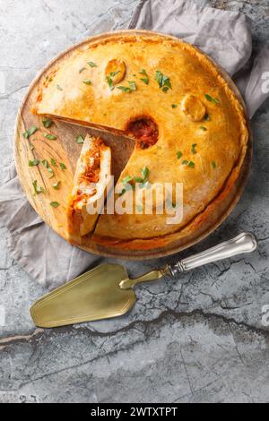 Empanada Gallega spanischer Kuchen gefüllt mit Fleisch, Zwiebeln, Paprika und Tomaten in Nahaufnahme auf einem Brett auf dem Tisch. Vertikale Draufsicht von oben Stockfoto