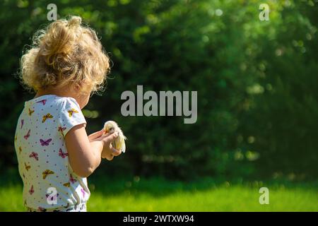 Ein Kind spielt mit einem Huhn. Selektiver Fokus. Stockfoto