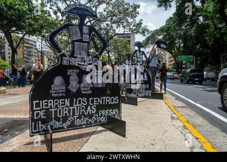 Protest für die Freiheit aller politischen Gefangenen auf der Plaza Francia de Altamira in Caracas, Venezuela. Stockfoto