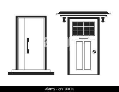 Eingangstüren schwarz-weiß 2D-Linien Zeichentrickobjekte Set Stock Vektor