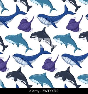 Comic Unterwasser- und Meerestiere nahtloses Muster. Wilde Meeresbewohner leben Haie, Blauwale, Stachelrochen und Killerwale. Vektorabbildung auf A Stock Vektor