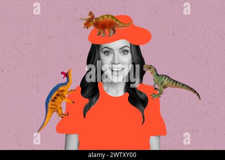 Kreative Collage Bild junge schöne Dame gemalt Outfit stilvolle Hut jurrassic Park Dinosaurier alte Wildtiere drwaing Hintergrund Stockfoto