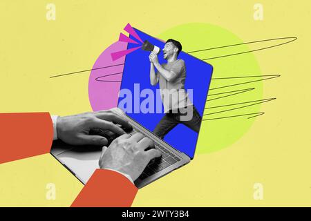 Foto-Cartoon-Comics skizzieren Collage-Bild von aufgeregtem Kerl, der in einem modernen Gerät zu einem isolierten grafischen Hintergrund schreit Stockfoto