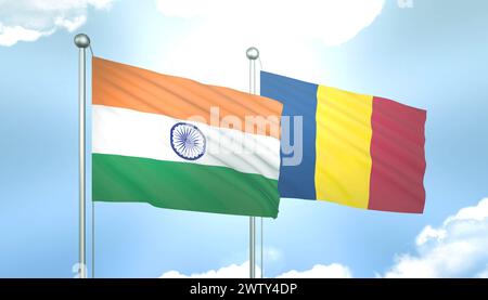 3D-Flagge von Indien und Tschad auf blauem Himmel mit Sonnenschein Stockfoto