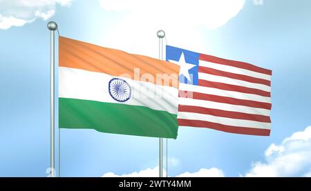 3D-Flagge von Indien und Liberia am blauen Himmel mit Sonnenschein Stockfoto