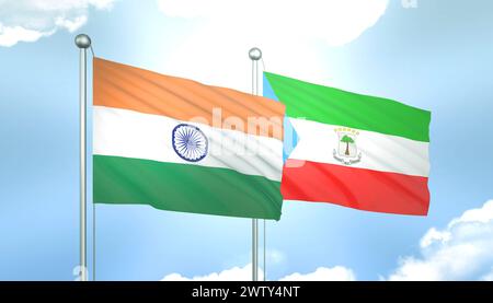 3D-Flagge von Indien und Äquatorialguinea auf blauem Himmel mit Sonnenschein Stockfoto