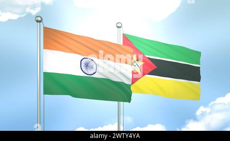 3D-Flagge Indiens und Mosambiks auf blauem Himmel mit Sonnenschein Stockfoto