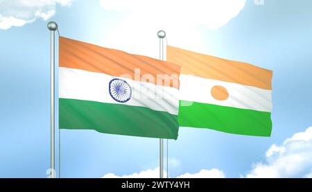 3D-Flagge von Indien und Niger am blauen Himmel mit Sonnenschein Stockfoto