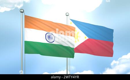 3D-Flagge Indiens und der Philippinen am blauen Himmel mit Sonnenschein Stockfoto
