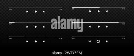 Satz von Ladebalken für Audio- oder Video-Player mit Zeitschieberegler, Wiedergabe, Rücklauf und Schnellvorlauf auf schwarzem Hintergrund. Vorlagen für Audioplayer- oder Hörbuch-App-Schnittstelle. Vektorgrafik. Stock Vektor