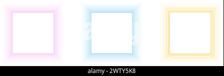 Satz verschwommener quadratischer Rahmen. Rechteckige Formen mit rosafarbenen, blauen und gelben Neonverlaufsrändern, isoliert auf weißem Hintergrund. Abstrakte Designelemente mit leerem Platz für Text. Vektorabbildung. Stock Vektor