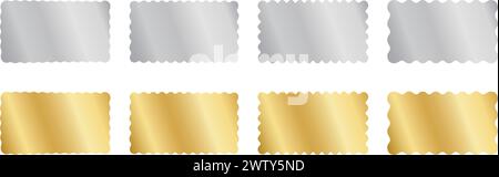 Set aus silbernen und goldenen rechteckigen Aufklebern mit gewelltem Rand. Glänzende rechteckige Etiketten, Abzeichen, Preisschilder, Gutscheine, Aktionscodes, Vorlagen für Jackpot-Tickets mit gewellten Kanten. Vektorabbildung. Stock Vektor