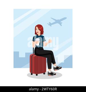 Junge Frau mit einer Kaffeetasse, die auf dem Koffer sitzt und die Daumen vor dem Flug am Flughafen nach oben zeigt. Reisekonzept, flaches Design, Cartoon-Stil. Vektorabbildung Stock Vektor