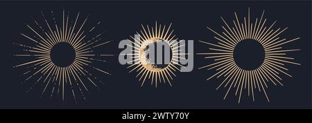 Sonnenaufgang, Sonnenlicht. Vintage-Grafikset mit Lichtstrahlen, Sonnenstrahlen und Sonnenstrahlen. Handgezeichnete schwarze Designelemente, lineare Zeichnung, Vintage Retro-Stil auf Hintergrund. Vektorabbildung Stock Vektor