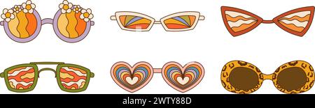 Retro Groovy Sonnenbrillen Kollektion mit verschiedenen Mustern. 1970er Jahre Vibe Set Stock Vektor