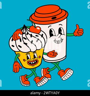 Lustige Cartoon-Cupcake und Kaffeetasse im Retro-Stil. Groovige Vintage 70er Jahre Kaffee- und Kuchenfiguren, die spazieren gehen Stock Vektor