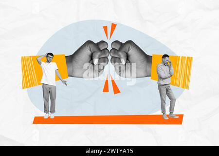 Zusammengesetzte Fotocollage von zwei aufgebrachten Männern Streit Hand Faust Kick Missverständnis Fehlschlag Deal Kollegen isoliert auf gemalten Hintergrund Stockfoto