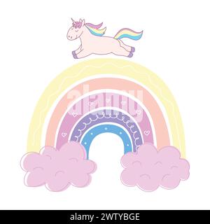 Kindlicher handgezeichneter Regenbogen mit niedlichem Einhorn. Regenbogendekoration in Bonbonfarben. Design für Kinder. Vektorabbildung Stock Vektor