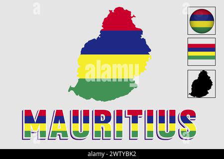 Mauritius Flagge und Karte in einer Vektorgrafik Stock Vektor