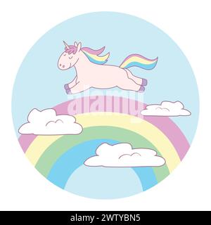 Niedliches Cartoon-Einhorn fliegt über den Regenbogen. Vektorabbildung Stock Vektor