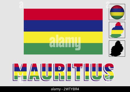 Mauritius Flagge und Karte in einer Vektorgrafik Stock Vektor