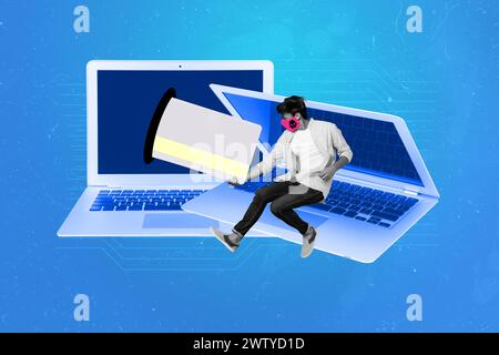 Kreative 3D-Fotografik Grafiken Collage Malerei von Hacker Diebstahl Bankinformationen isolierter blauer Hintergrund Stockfoto