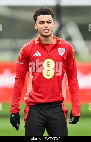 Brennan Johnson aus Wales während der offenen Schulung in Wales im Vale Resort Training Complex, Hensol, Großbritannien, 20. März 2024 (Foto: Craig Thomas/News Images) Stockfoto
